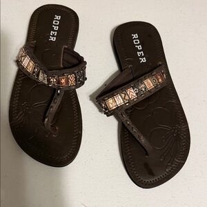 Roper Brown Beaded Toe-Post Sandals